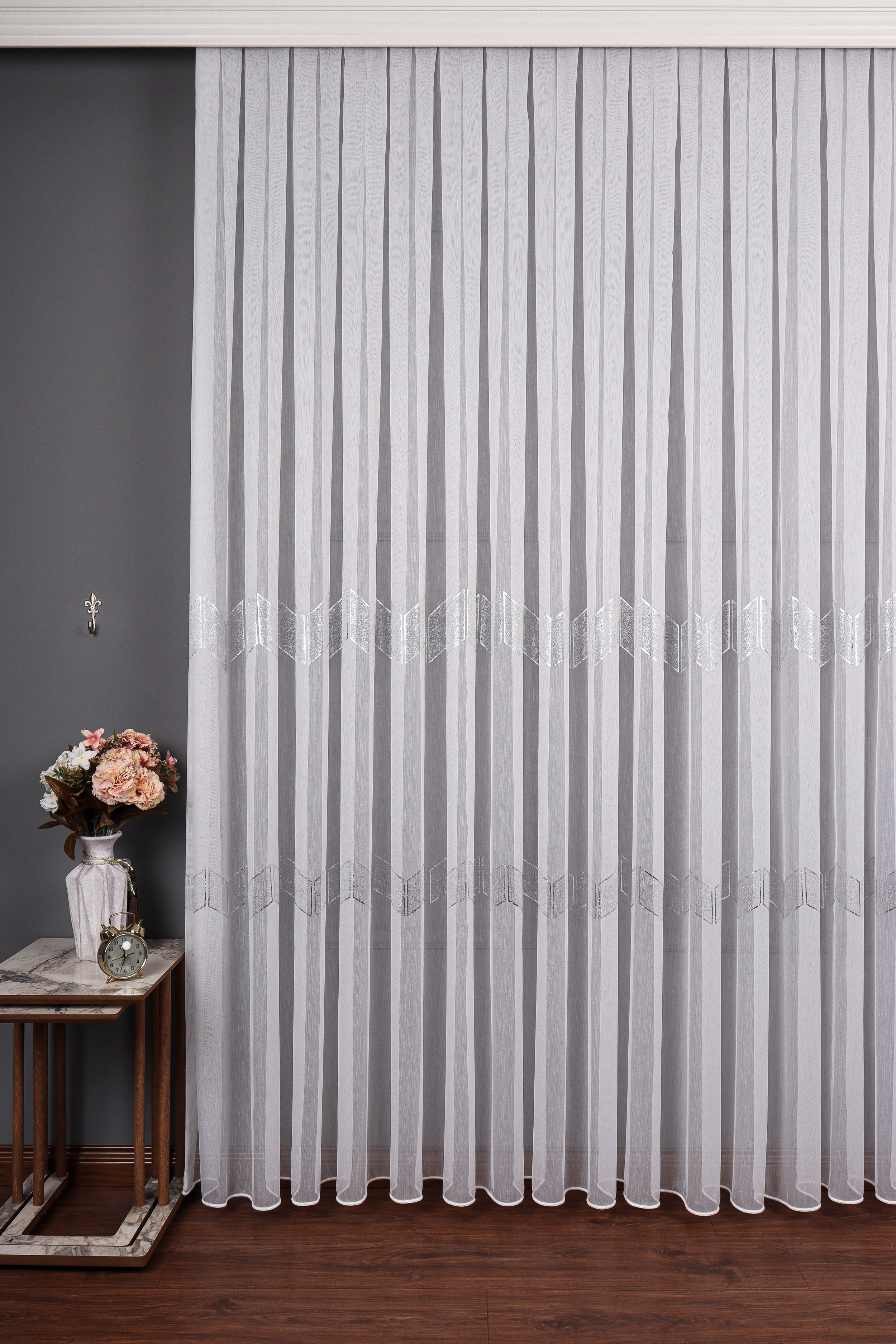 Enine Bantlı Ekru-gümüş Tt Zemin Tül Perde