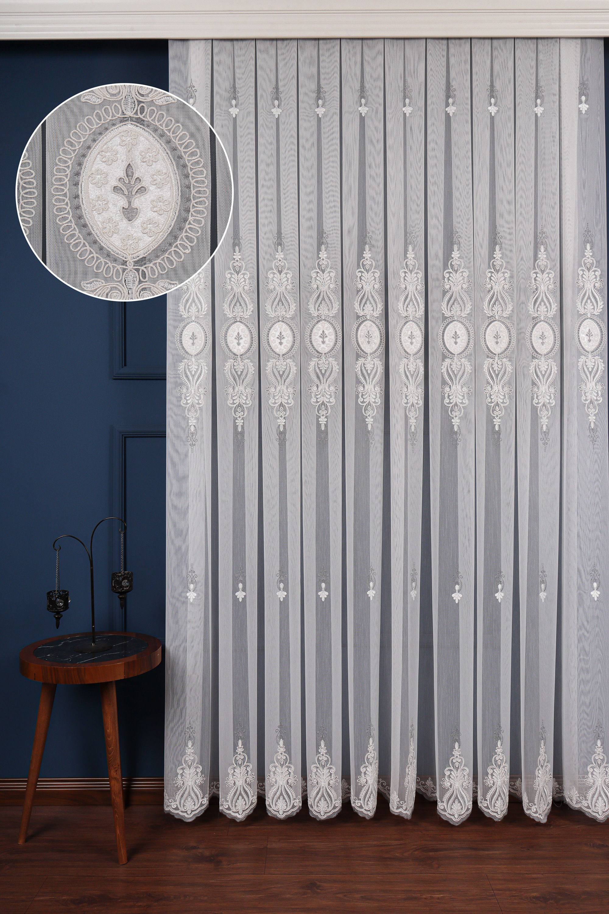 Salon Tül Modelleri - Avangart Ekru-gri Nakış İşlemeli Tül Perde