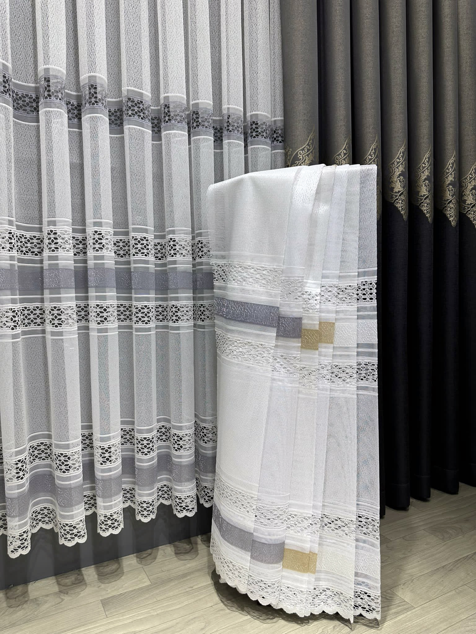 Örme Tül Perde - Etek Ucu Desenli Ve Bantlı Tül - Ekru/gri/altın/gold/beyaz