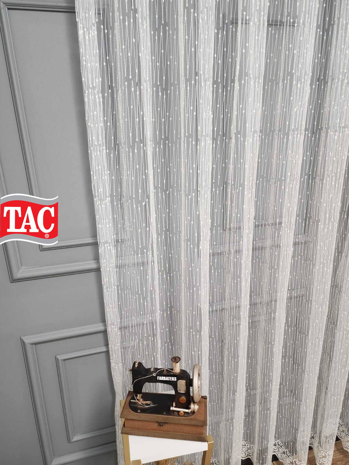 Taç - Brode İşlemeli Tül Perde - Yeni Nokta Çizgi Desenli - İşlemeli Nakışlı Tül Perde - Spor Desen