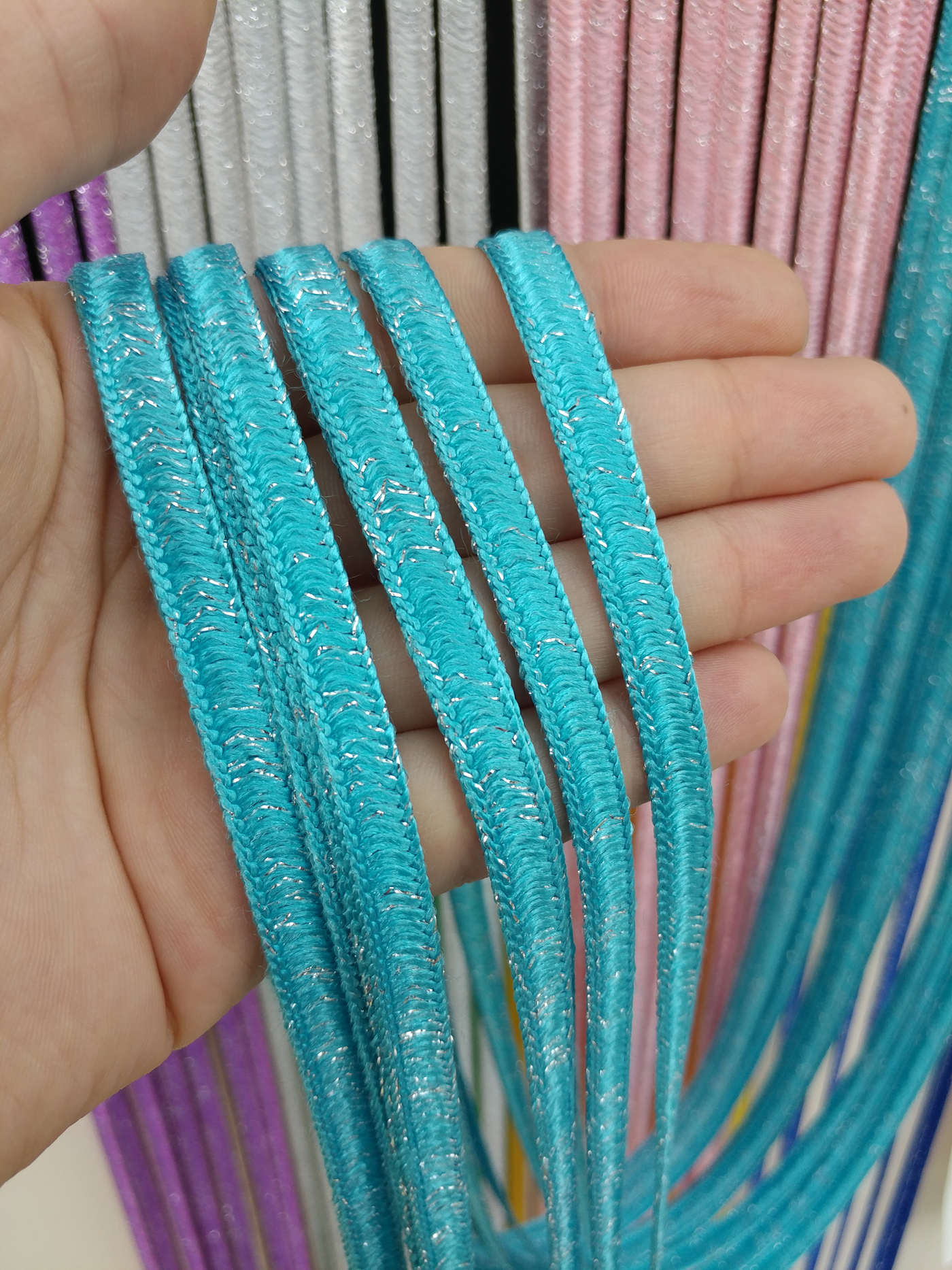 Mutfak İp Perde - Açık Mavi Rengi İp Perde İpek Koza Serisi- Mavi-gümüş