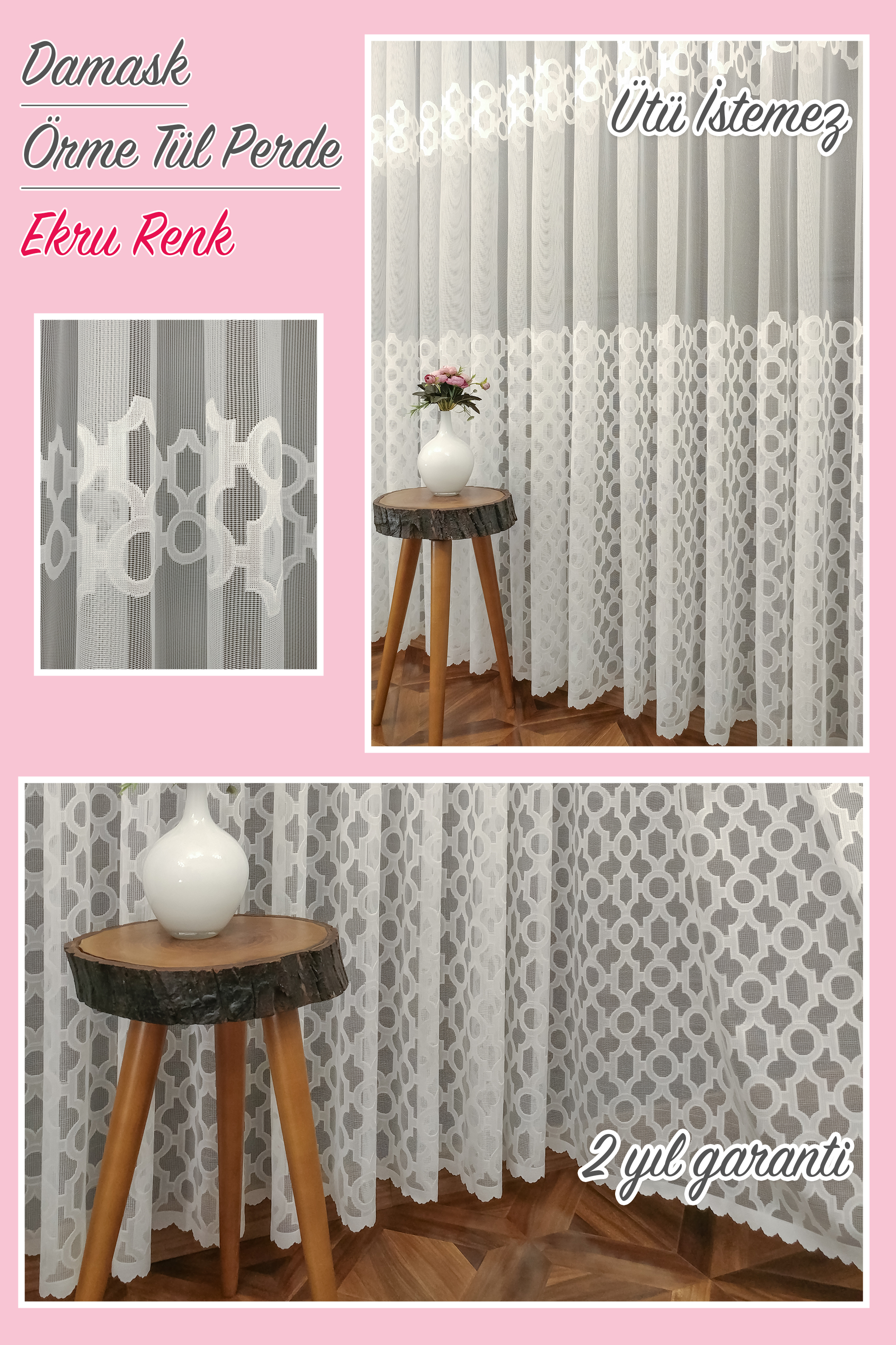 Damask Desen Fransız Dantel Tül Perde 1264- Ekru